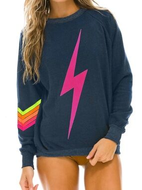 Aviator Nation Navy Sweatshirt with Pink Lightning & Neon Chevron Sleeve